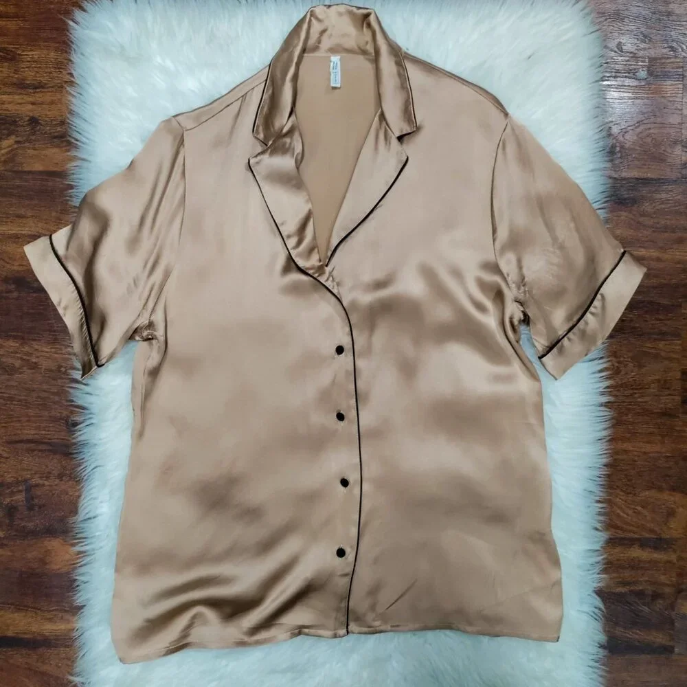 Intimissimi Soft Satin Piping Trim Short Sleeve Shirt & Shorts Pajama Set Size L - Picture 3 of 16